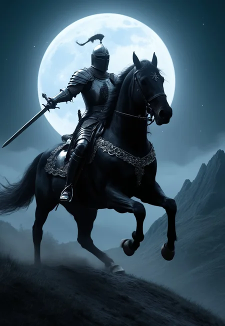 Epic portrait of a black knight with a sword riding a horse in a rampant position on a hill in the light of the full moon, dark fantasy style, Frank Frazzetta, John Berkey, Agostino Arrivabene, hyper detailed, dark backgroundvisual impact, high contrast, hard shadows, hyper detailed
 (8k uhd:1,4)
 <lora:add-detail-xl:1>
 <lora:Dynamic Poses:1>