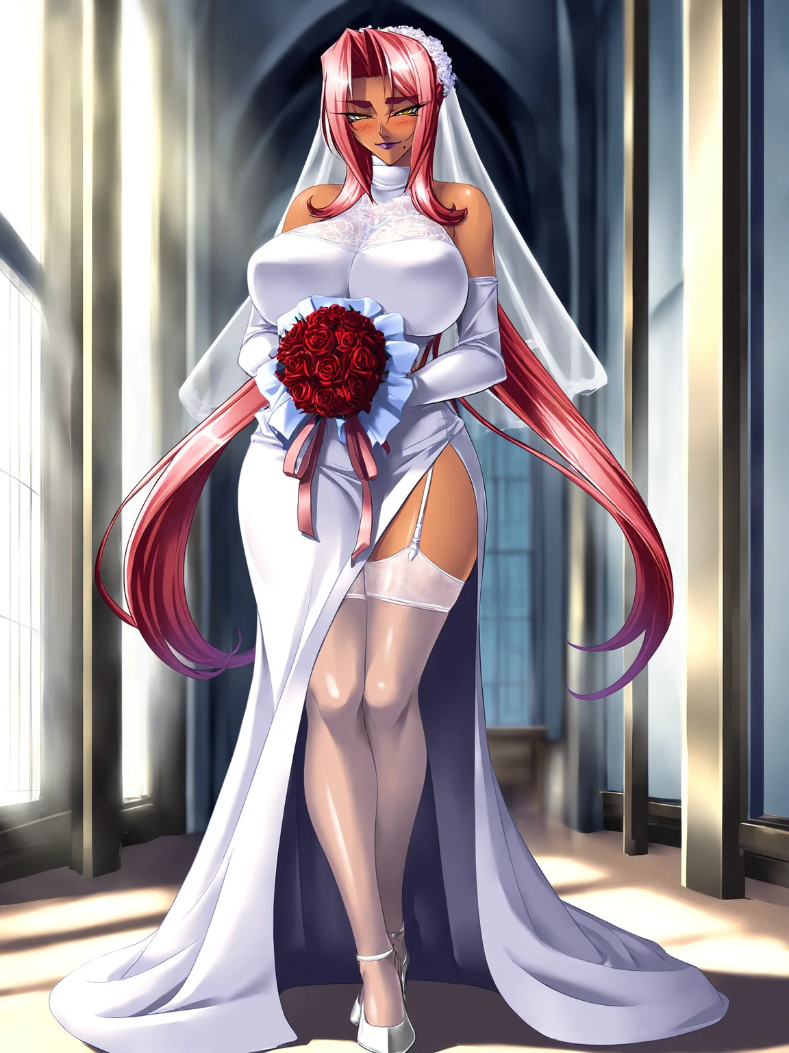 masterpiece, high quality, best quality, shaded, shadow, shaded, cinematic,
1girl, Ingrid, kagami hirotaka, ky.,
mature female, dark-skinned female, solo, full body, holding bouquet, flowers, legs together, 
looking at viewer, happy, light smile, blush, 
pink hair, long hair, hair intakes, makeup, purple lips, lipstick, thick eyebrows, mole under mouth yellow eyes,
wedding dress, turtleneck, bridal gauntlets, bridal veil, garter straps, side slit, long skirt, 
curvy, large breasts, thighs, white thighhighs, high heels, white footwear, 
indoors, church, day, detailed background
<lora:Ingrid3216NoobAIXL075:1>