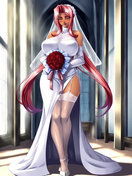 masterpiece, high quality, best quality, shaded, shadow, shaded, cinematic,
1girl, Ingrid, kagami hirotaka, ky.,
mature female, dark-skinned female, solo, full body, holding bouquet, flowers, legs together,
looking at viewer, happy, light smile, blush,
pink hair, long hair, hair intakes, makeup, purple lips, lipstick, thick eyebrows, mole under mouth yellow eyes,
wedding dress, turtleneck, bridal gauntlets, bridal veil, garter straps, side slit, long skirt,
curvy, large breasts, thighs, white thighhighs, high heels, white footwear,
indoors, church, day, detailed background
<lora:Ingrid3216NoobAIXL075:1>