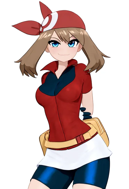 (masterpiece, best quality, good quality, very aesthetic, absurdres, newest:1.2), (curvy, medium breasts), zzMay, solo, brown hair, blue eyes, medium hair, red shirt, bike shorts, red bandana, red shirt, gloves, white miniskirt, yellow belt, <lora:MayPokemon_NAI:1.0>,, smile, looking at viewer, cowboy shot, leaning forward, hands behind back, smug, head tilt, ,<lora:MantisNAI:0.8>,