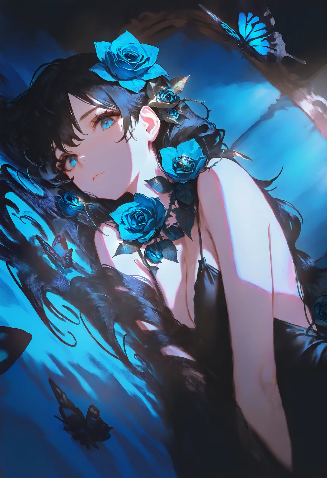 masterpiece, best quality, Good quality, very aesthetic, absurdres, newest,dynamic angle, 1girl, animal, black hair, blue eyes, blue flower, blue rose, bug, butterfly, flower, hair flower, hair ornament, long hair, looking at viewer, neck flower, rose, solo <lora:ponyv4_noob1_2_adamW-000017:0.7> <lora:USNR_STYLE_XL_lokr:1> <lora:Lofi_style:0.3>
