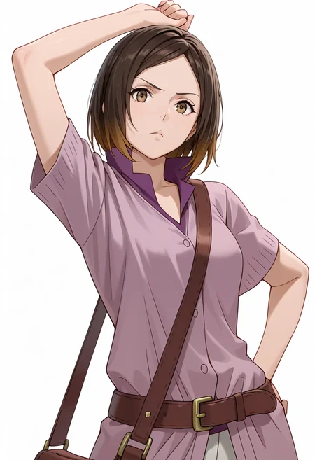 Smooth Quality,masterpiece,very intricate, high quality details, ultra realistic, high detailed skin,detailed enviorement,absurdres,
simple background, white background,solo,
stretching, one arm raised, other on hip, slight side bend, relaxed body, ,front view,frown,
<lora:Kirara_Mizutani_cnn:0.8> 1girl, short hair, brown hair, multicolored hair, two-tone hair, brown eyes, at viewer, upper body,shirt, short sleeves, collared shirt, coat, pants, purple shirt,brown belt, shoulder bag,