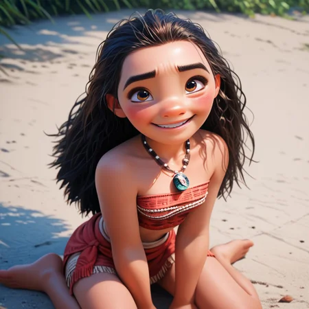 score_9, score_8_up, score_7_up, score_6_up, score_5_up, score_4_up, Moana, on the ground, barefoot, small breasts, small smile, blushing, looking up at viewer, necklace
