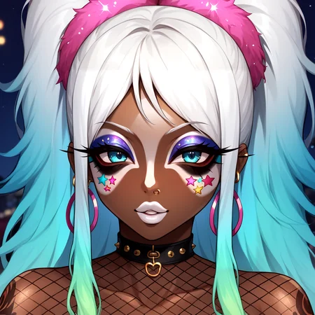 Score_9, score_8_up, score_7_up, score_6_up,  source_anime, 1girl, solo, long hair, night street background, godrays, neon glow, gradient hair, highlights, hoop earrings, dark-skinned female, tattoo, colored skin, BREAK, (yamanba, white facepaint makeup),  star stickers, heart stickers, pursed lips, parted lips, BREAK, eyeshadow, very dark skin, makeup, animal print, fur, fishnets, choker,  (glitter, long eyelashes), slutty clothes, jewelry, white face tattoo, large intricate hair accessories, big voluminous hair, <lora:Yamanba_Face:0.75>