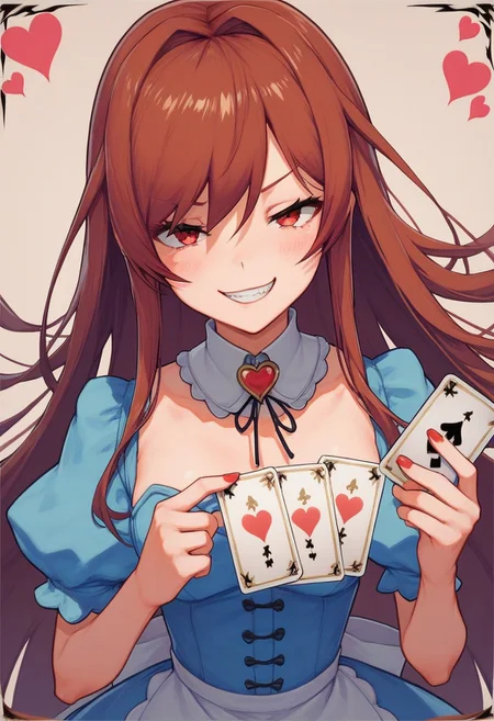 score_9, score_8_up, score_7_up, 1girl, alice in wonderland style, blue dress, detached collar, Queen of Hearts, holding card, smug grin, Ami Arakawa