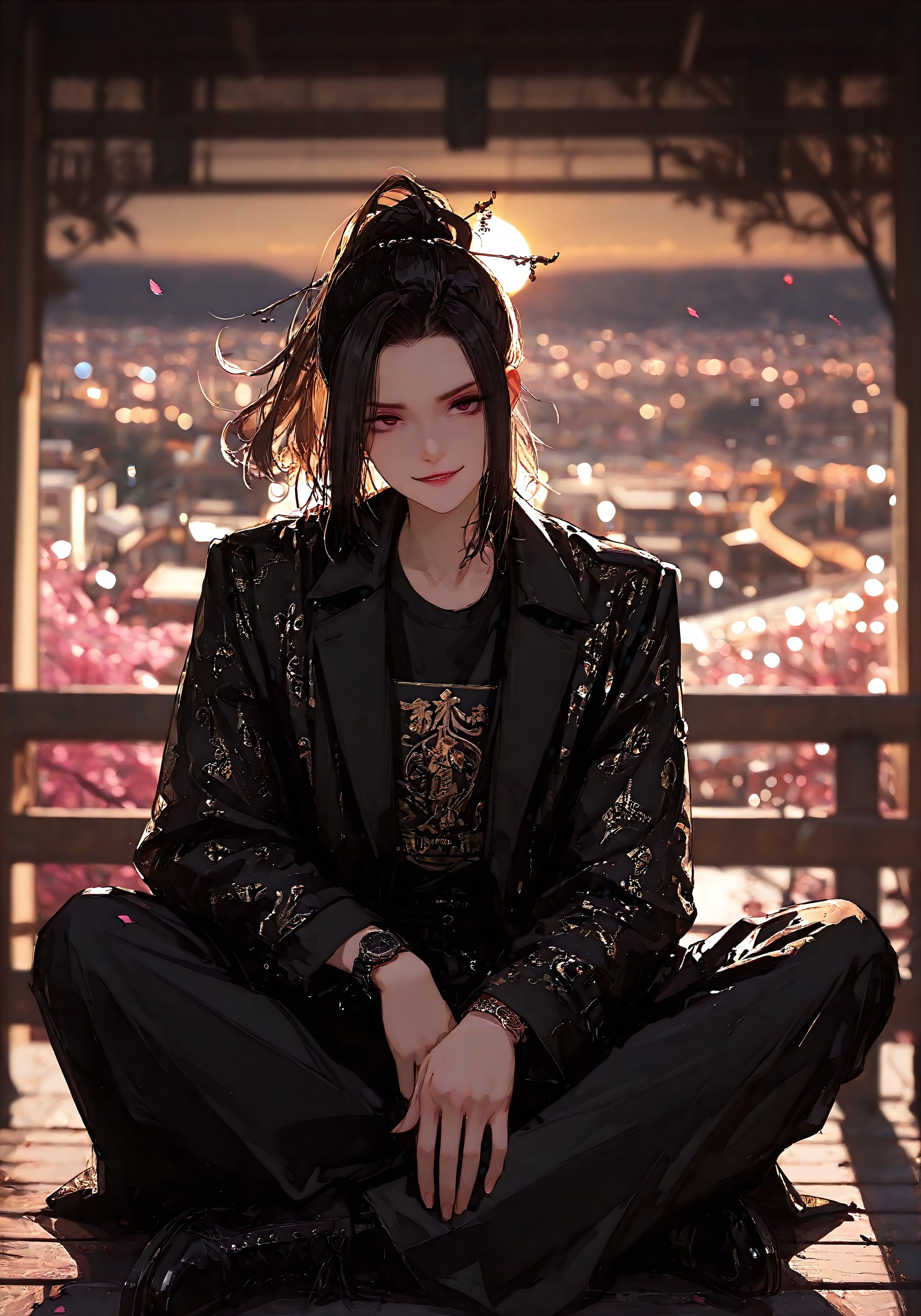 masterpiece, best quality, good quality, very aesthetic, absurdres, 
newest, 8K, depth of field, stylized, scenery, bokeh,blurred background, 
Black Myth Wukong, male sun wukong, 
chinese mythology,( dynamic pose:1.3), smirking face,
full body focus,
casual clothes, wearing luxurious black jeans and luxurious black t-shirt with gothic design, luxurious jacket, expensive stylish jacket, gothic jacket, expensive black watch
windblown hair, 
mythic scale, sakura petals, mystic mist, 
cinematic composition, backlighting, volumetric light, vegas city scene, symbolic environment, god-tier illustration,(sketch:1.3), beautiful scenery, school garden, sitting alone on a bench