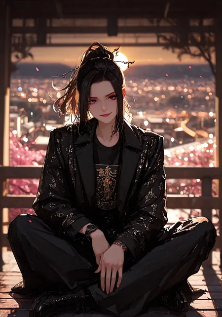masterpiece, best quality, good quality, very aesthetic, absurdres,
newest, 8K, depth of field, stylized, scenery, bokeh,blurred background,
Black Myth Wukong, male sun wukong,
chinese mythology,( dynamic pose:1.3), smirking face,
full body focus,
casual clothes, wearing luxurious black jeans and luxurious black t-shirt with gothic design, luxurious jacket, expensive stylish jacket, gothic jacket, expensive black watch
windblown hair,
mythic scale, sakura petals, mystic mist,
cinematic composition, backlighting, volumetric light, vegas city scene, symbolic environment, god-tier illustration,(sketch:1.3), beautiful scenery, school garden, sitting alone on a bench