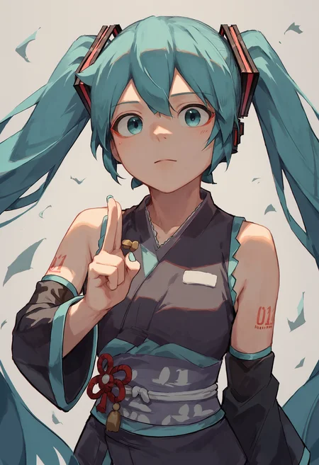 score_9, score_8_up, score_7_up, 1girl, kuji-in, hatsune miku, upper body, kimono, ninja
<lora:kuji-in_1_pony_d32:1>