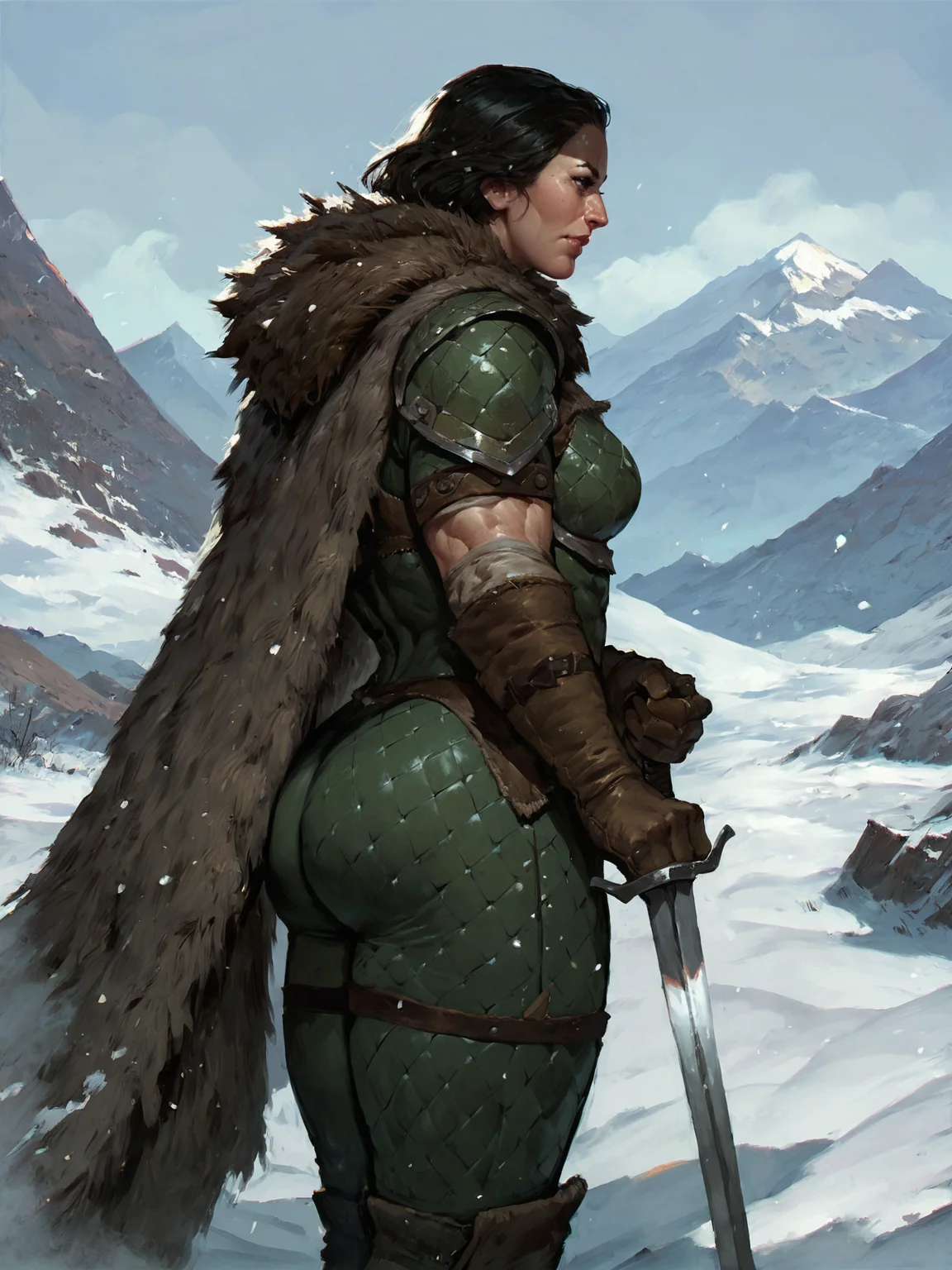 adult woman, mature, black hair, standing on the mountain, muscular female, green armor, gloves, pauldrons, holding sword, fur cape, ass, snow, mountains, side view, solo, <lora:GWENTXLV3:0.8>, score_9, score_8_up, score_7_up
