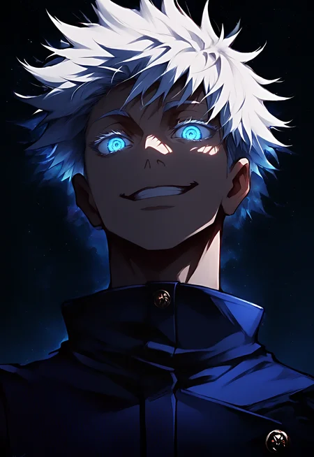 1boy, gojou satoru, jujutsu kaisen, general, solo, upper body, universe, space, night, star \(sky\), dark, (blue drop shadow:1.3), blue glowing eyes, looking at viewer, white hair, smile, masterpiece, best quality, very awa, newest, <lora:Eyes_Lora_Pony_Perfect_eyes:0.60>, <lora:ponyv5_noobV065S_1_adamW-000013:1.00>