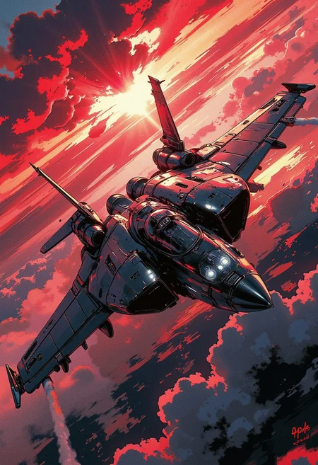 "In the style of CK-MGS, a stunning digital artwork captures a futuristic, highly advanced stealth fighter soaring rapidly through a surreal, dramatic dawn sky. The fuselage, forged from dark gunmetal alloy, reflects subtle gradients of the red horizon, while glowing LED lights illuminate the cockpit’s sleek, angular design. A large air intake dominates the front, emphasizing the fighter’s power and aerodynamic precision.
The sky is alive with swirling, dramatic clouds, painted in fiery reds and deep shadows, adding depth and intensity to the composition. The scene evokes both modern innovation and heroic action, blending hyper-detailed 2D illustrator techniques with epic, cinematic flair. Echoing the dynamic energy of the Fighter in action, the artwork masterfully combines ultra-realistic details, rich textures, and atmospheric realism. The result is a masterpiece-worthy, high-quality wallpaper, exuding both power and artistry."