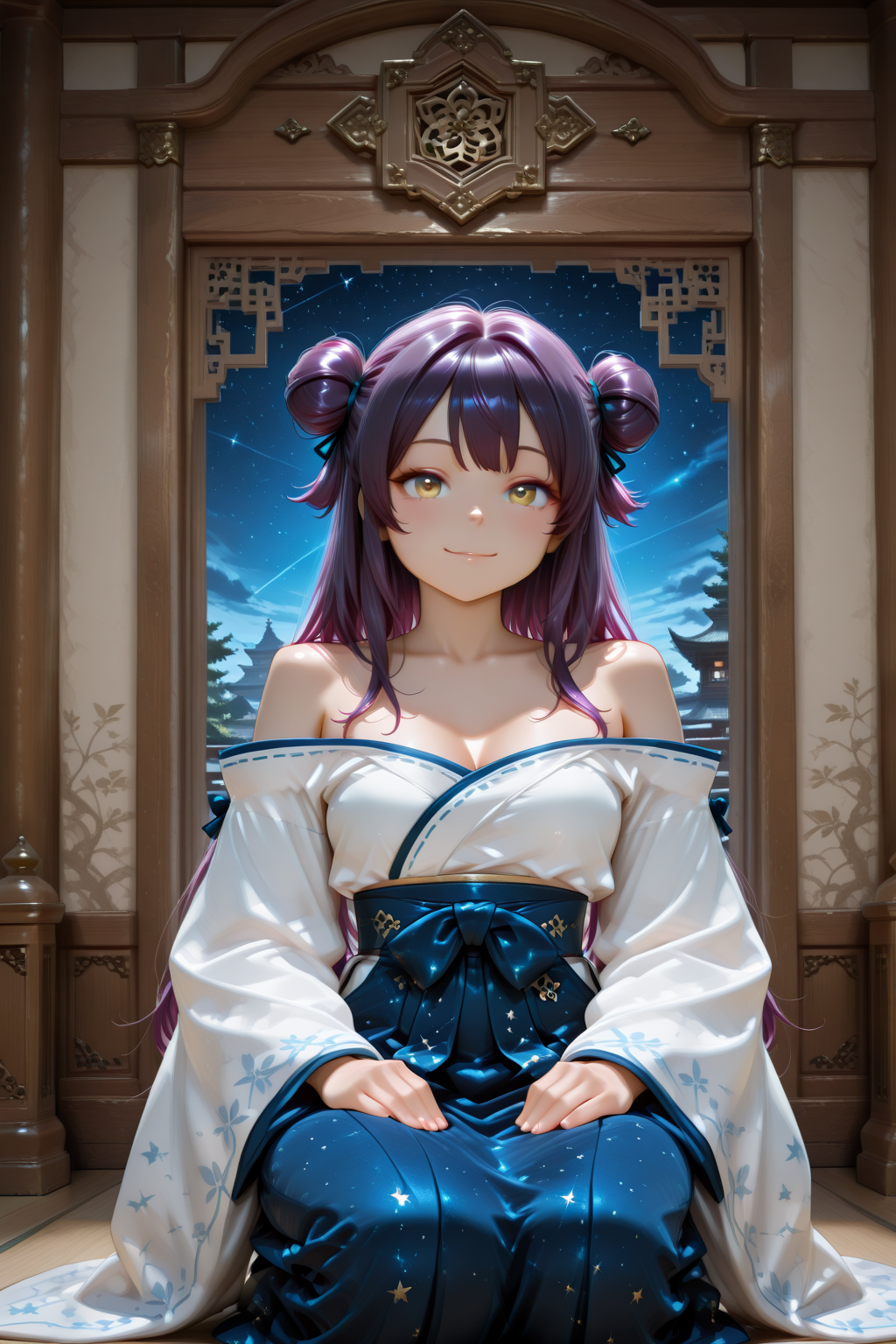 masterpiece, best quality, amazing quality, 1girl, solo, makeup, general, looking at viewer, blush, <lora:Rein:1>, rein, purple hair, yellow eyes, long hair, hair buns, seiza, sitting, enjoying tea, smiling, indoors, shrine, japanese altar, hair ribbons, green tea, <lora:Celestial_Shrine_Maiden_Outfit:1>, Celestial_Shrine_Maiden_Outfit, long sleeves, bare shoulders, japanese clothes, wide sleeves, off shoulder, blue hakama skirt, blue hakama, bow, blue bow, star print, sash, obi, collarbone, star(symbol), starry sky print, constellation print, long skirt, socks, ribbon trim, ribbon-trimmed sleeves, zouri, miko, <lora:wai-2Rectified-V140:1>, <lora:illustrious_noobai_epsilon_pred_1_masterpieces_v1:1>