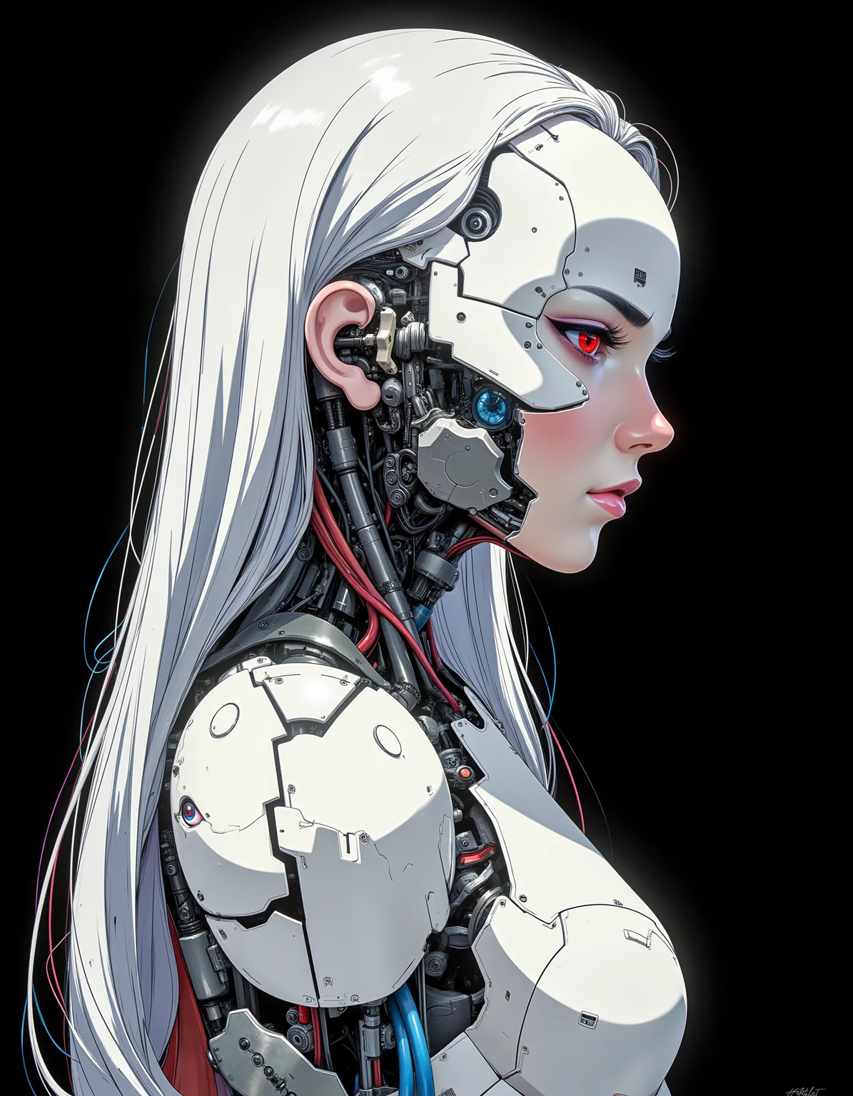 cyborgheadv1 a side view of a woman with long white hair and a robot suit with red eyes and a white head and body, black background, cybernetic, cyberpunk art, retrofuturism, Aleksi Briclot <lora:cyborgheadv1:0.8> <lora:CPA:0.6>