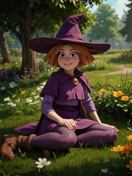 score_9, score_8_up, score_7_up, score_6_up, BREAK, P3nny, 1girl, solo, orange hair, short hair, witch hat, purple hat, black eyes, purple dress, purple cape, purple pantyhose, brown footwear, in the park, sitting on the ground, smile, grass, flowers, looking at viewer, <lora:Penny-000009:1> Poststyl, <lora:David_style:0.9>