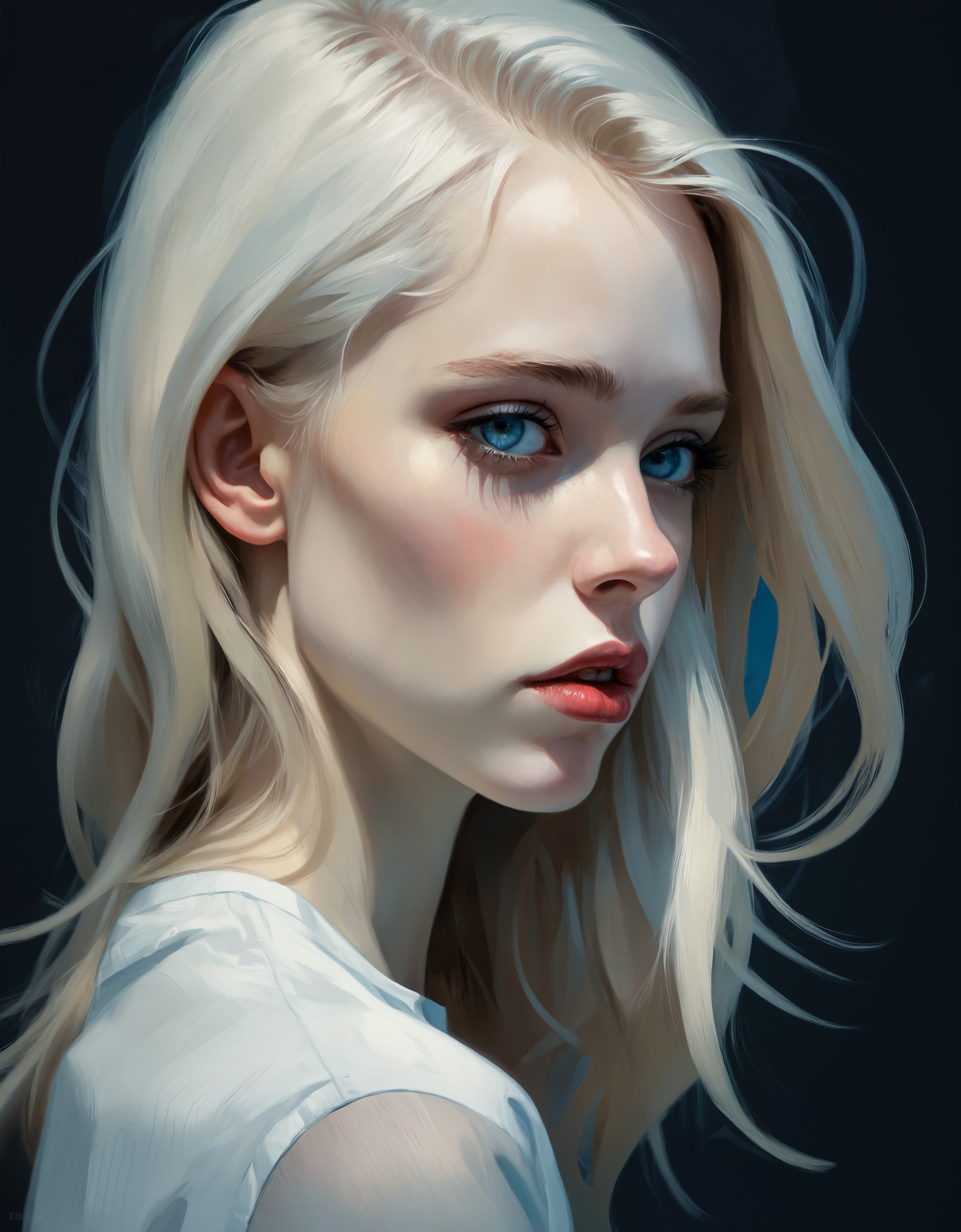side view, one woman head turned right, misery incarnate, long hair, laser blue eyes, seductive, charming woman, charmful looking, captivating, minimalist, slender frame, detailed, headshot, painterly , style of malcolm liepke