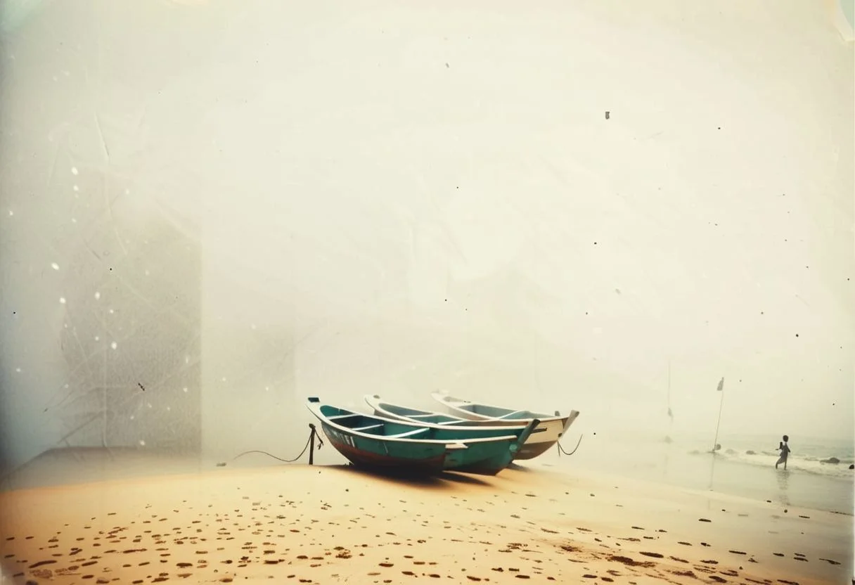lith_argenta_argenta_nn112w, instagram photo, a foggy beach with some boats in sri lanka, hard shadows, film grain