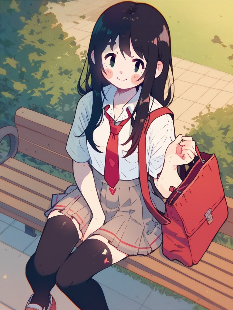 score_9, score_8_up, score_7_up, cute girl, long hair, black hair, black thighhighs, skirt, red tie, white shirt, school uniform, red bag, sitting on park bench, looking at viewer, cowboy shot, smile, cute, full body, solo, dutch angle, detailed background, 
 <lora:ANemupan_style:1>, Nemupan, flat color,