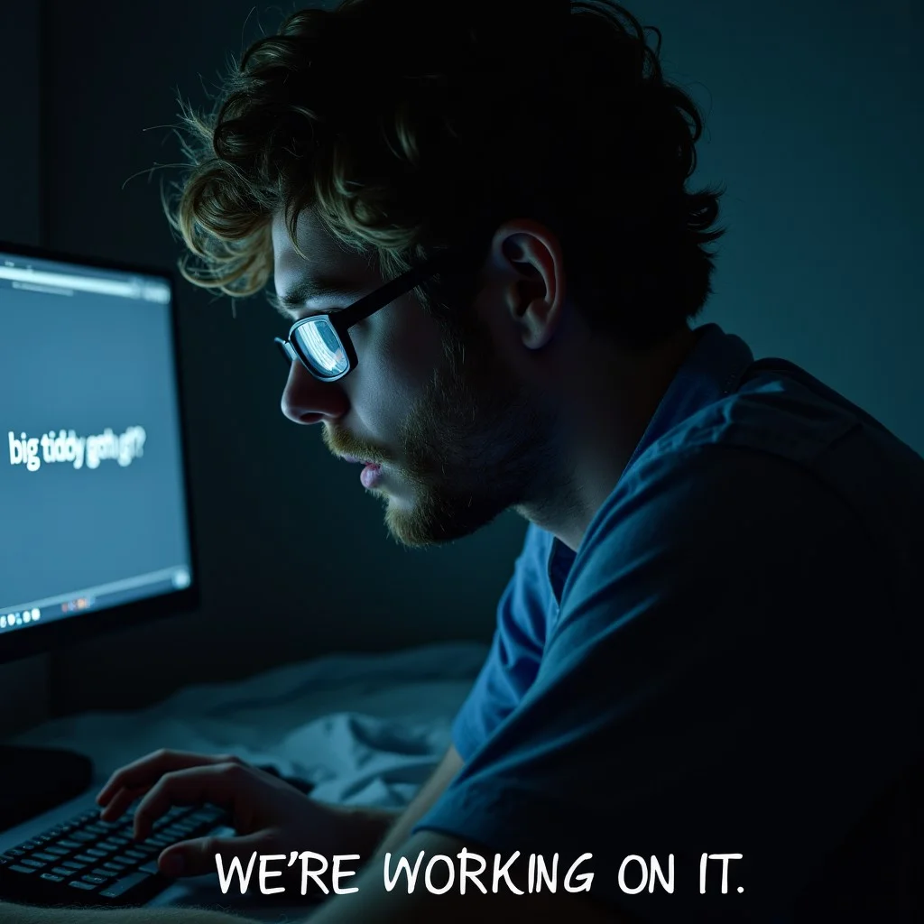 Close shot of a lonely computer engineer staring at his screen in a sad bedroom. Only the top half of his face visible above the monitor. The only illumination is the light from his computer screen. Visible reflection on his glasses reads "big tiddy goth gf?!". Text at the bottom reads "WE'RE WORKING ON IT."