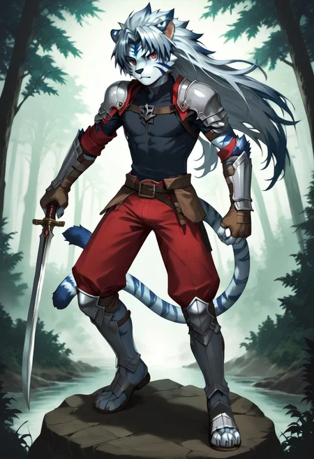 zPDXL3,RE_Engine,score_9_up,score_8_up,score_7_up,detailed,(best quality:1.2),digital media \(artwork\), BREAK, solo,best quality, 1boy, solo male, furry, kogenta, white tiger, red eye, onmyou taisenki, long hair:1.5, blue multicolored hair, black shirt, red pants, silver pauldrons, silver vambraces, brown fingerless gloves, silver greaves, brown sandals, deep forest, morning, dynamic lighting, full body, holding sword in right hand,