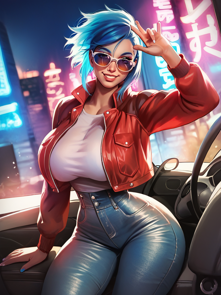 score_9, score_8_up, score_7_up, 1girl, sitting inside a car, cyberpunk clothes, multicolored clothes, jacket, sunglasses, blue hair, pants, curvy, huge breasts, narrow waist, wide hips, thick thighs, neon lights, looking at viewer, cowboy shot, dynamic pose, smile, cute, wide shot, solo, dutch angle, 
 <lora:CrystalFae_Style:0.9>, CrystalXLP,