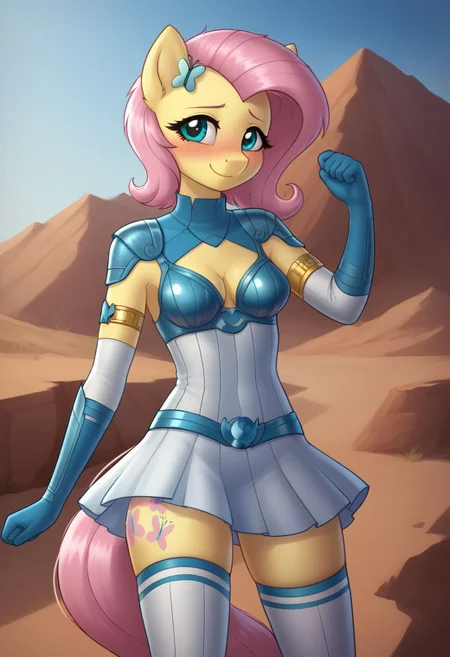 score_9, score_8_up, score_7_up, score_6_up, realistic illustration, dramatic angle, desert_background,
1girl, solo, Fluttershy (mlp), (anthro pony), 18 yo, tail, petite body, shiny skin, medium perky breasts,
<lora:zs_ArtemisXL:1> artemissmtv, short hair, hair ornament, dress, cleavage, elbow gloves, cape, thighhighs, kneeboots, 
dynamic pose, 
shy, blush, blushing, embarrassed, smile,