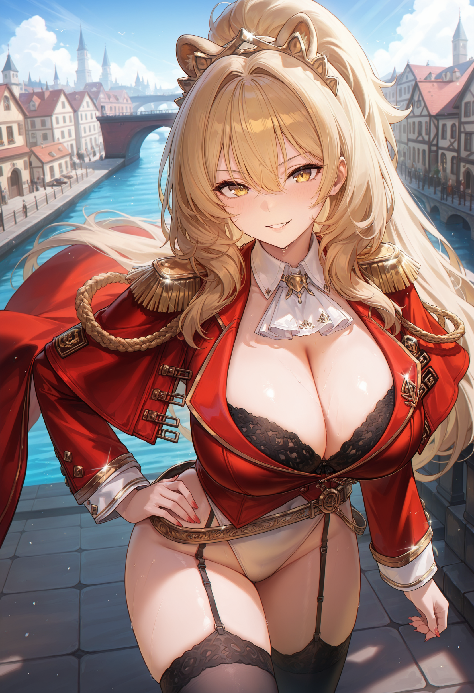 masterpiece, best quality, amazing quality,lionAZ, yellow eyes, blonde hair, long hair, high ponytail, 1girl, breasts, solo,default outfit, cleavage,large breasts,tiara, epaulettes,black thighhighs, black bra, red jacket, garter straps, detached collar, white ascot, red capelet, aiguillette, red cape, white leotard, golden belt, long sleeves,hand on own hip, walking, looking at the viewer, outdoors,port,blurry background, <lora:lionV1:0.8>