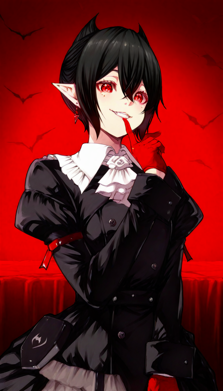 artist:kouji \(campus life\), entelechia \(arknights\), bed, very awa, masterpiece, best quality, amazing quality, very aesthetic, absurdres, newest,

standing,
1girl, red eyes, solo, pointy ears, black hair, gloves, red gloves, jewelry, ((upper body)), white ascot, short hair, earrings, looking at viewer, vampire, , bat (animal), black dress, black footwear, smile,
