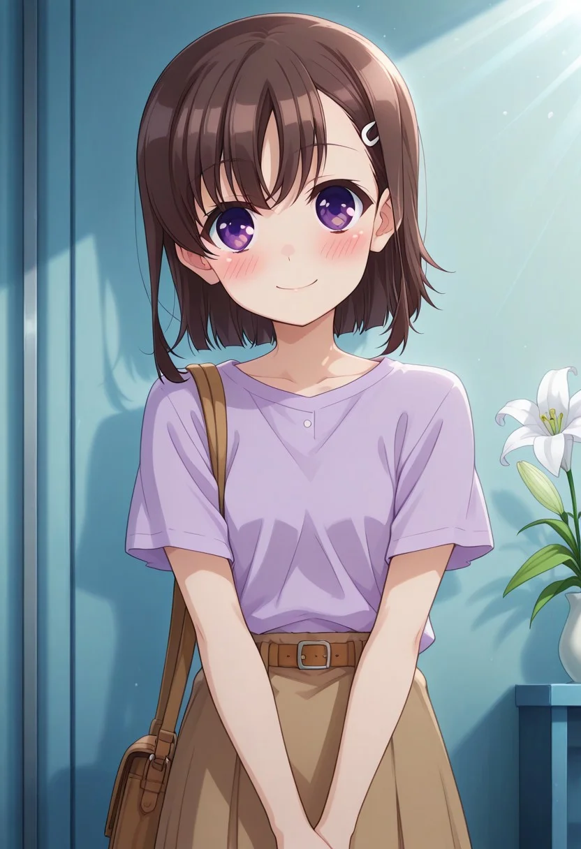 score_9_up, Score_8_up, Score_7_up, best quality, masterpiece, Anime art style, straight bangs,asymmetrical bangs,mimi katsura, flower, solo, 1girl, blush, brown hair, short hair, purple eyes, lily (flower), hair ornament, hairclip, smile, bag, own hands together, short sleeves, shirt, skirt, light rays, asymmetrical bangs, flower