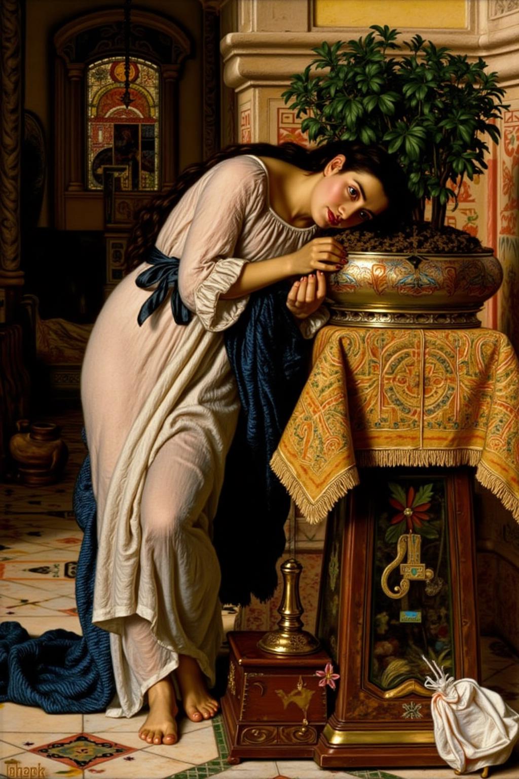 williamhhunt1 painting. 
A young woman with long, dark hair stands barefoot on a tiled floor. She wears a flowing white long-sleeved gown with a blue sash at the waist. She rests her head on a potted plant. <lora:williamhhunt1_cap_d6a3e9:1.0><lora:838055889052335092:0>