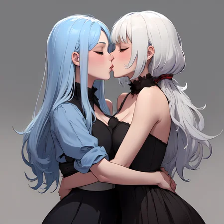 (masterpiece:1.2, best quality:1.2, high resolution),  2girls,   blue and white hair,  petite, young, russian,  age difference,  hug, kiss