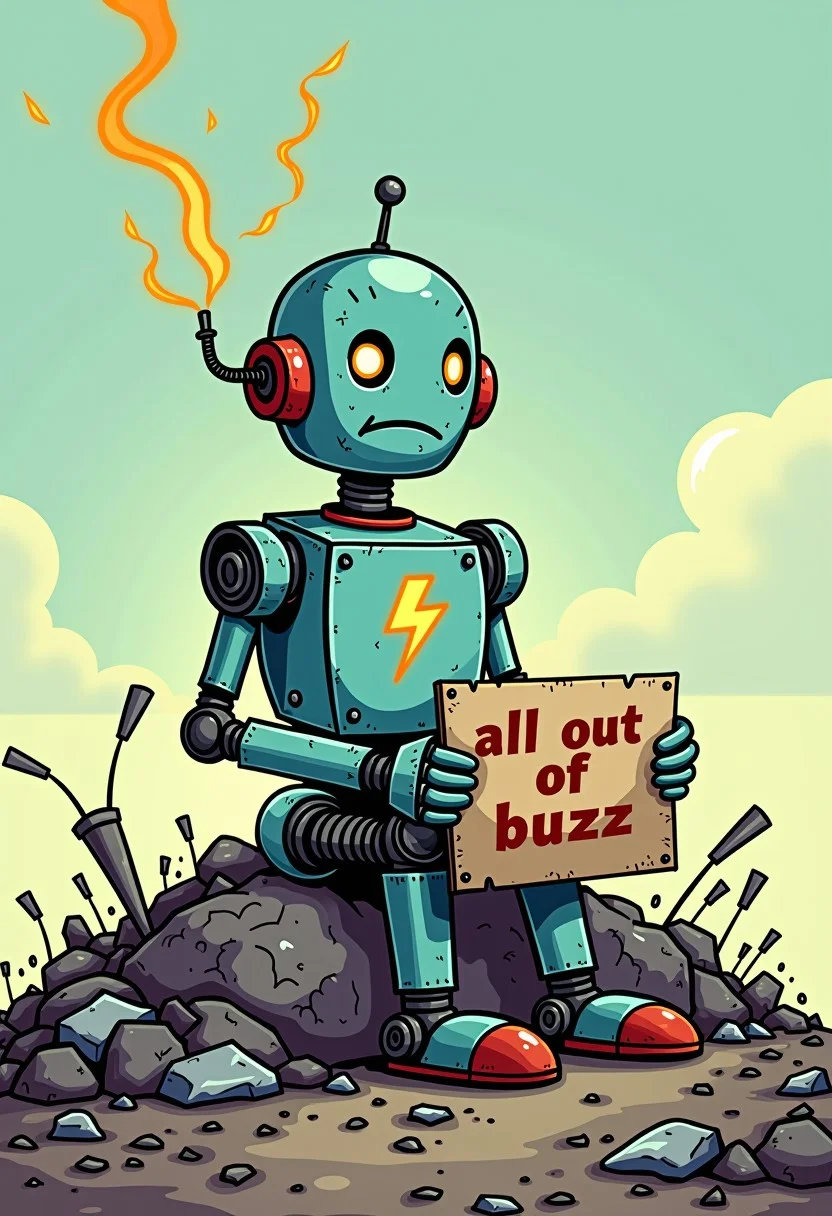 A cartoon styled drawing of a very sad, lonely robot.
The robot sits alone on a scrap heap in a junk pile. The robots limbs are rusted and worn. Electricity crackles. A lighting bolt symbol, the buzz symbol is a dim light on the robots chest. The robot holds a cardboard sign, (text: “all out of buzz”)