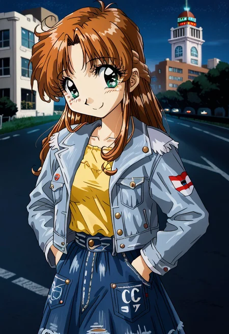detailed background, shiny skin, posing, rating safe, <lora:komirin.pony:1.0>,
komirin, seina, smile, medium breasts, denim jacket, long sleeves, open jacket, yellow shirt, denim skirt, outdoors, Denver (city, Colorado), road, building, night