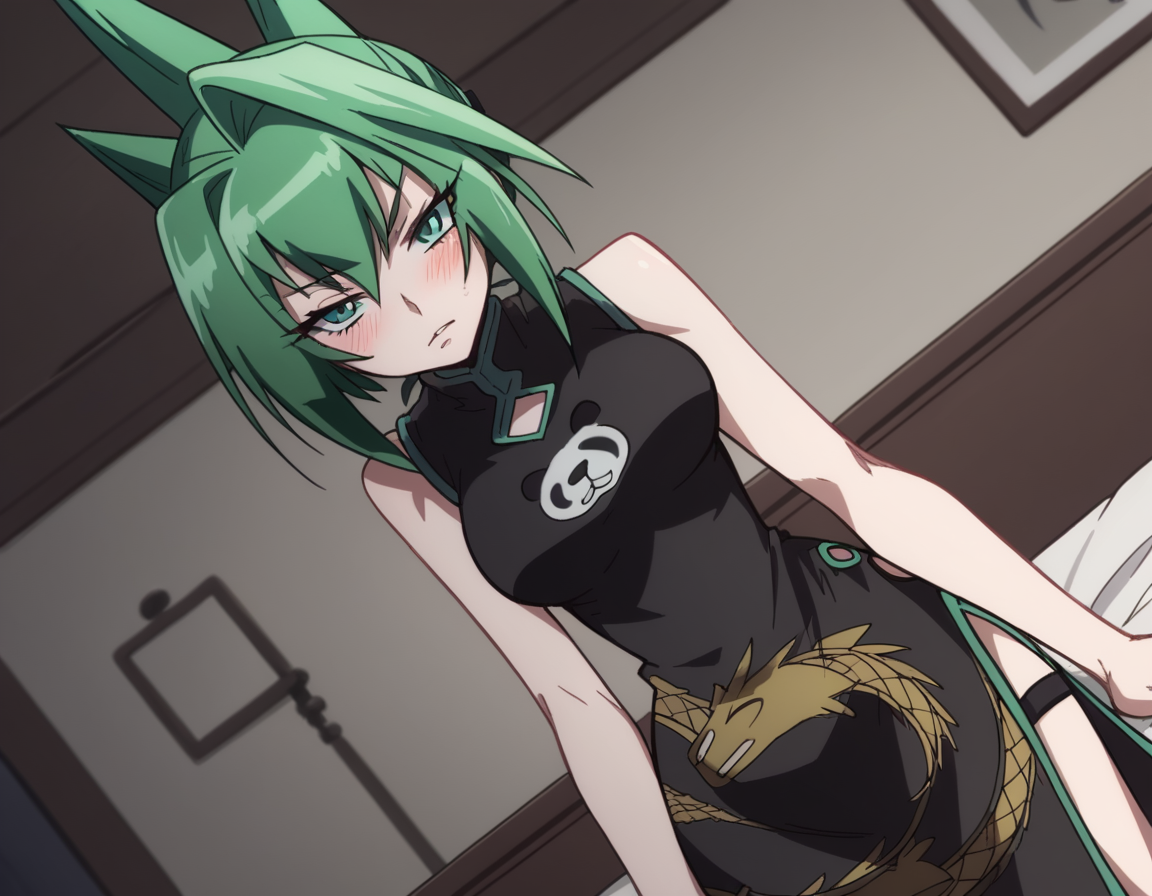 score_9, score_8_up, score_7_up, source_anime,
juntao, <lora:jun-tao-2021-s1-ponyxl-lora-nochekaiser:1>,
jun tao, green eyes, green hair, hair between eyes,
animal print, bear print, black dress, china dress, chinese clothes, dress, air, hip vent, panda print, side slit, sleeveless, sleeveless dress, thigh strap,
indoors, bed, bed room, on side, blush, drunk,
looking at viewer, cowboy shot, solo, dutch angle