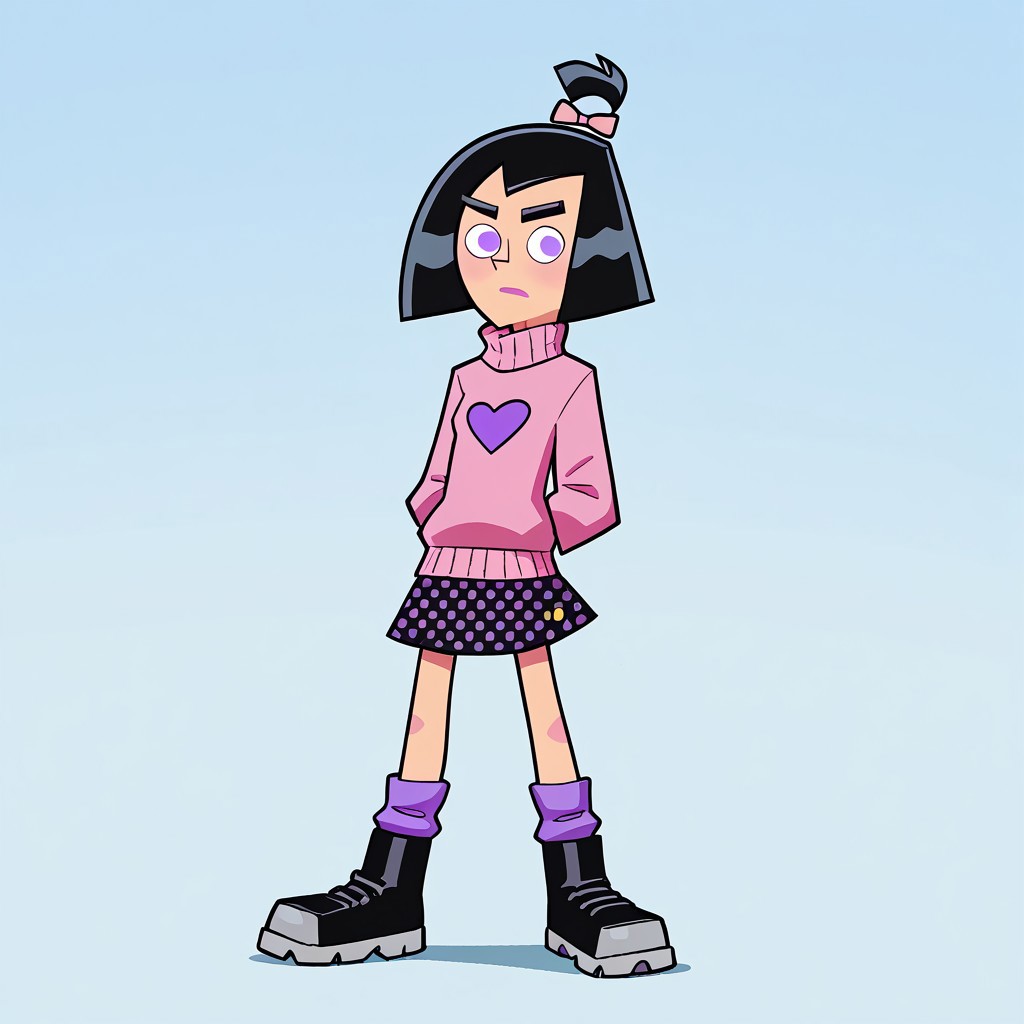 score_9, score_8, score_7,  break, solo, samdf, black hair, purple eyes, pink sweater, turtleneck, polka dot skirt, pink, leg warmers, pink hairbow