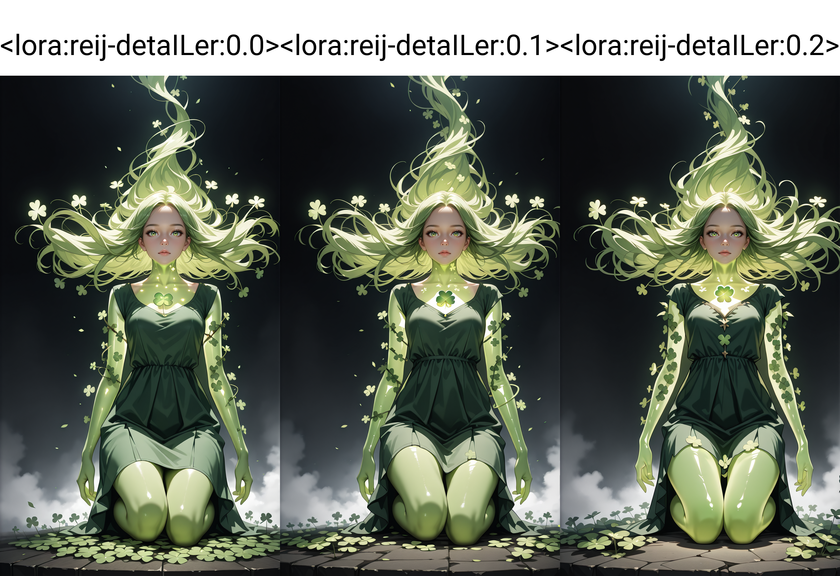 <lora:reij-detaILer:0.0>, fujifilm xt, realistic, dynamic angle, masterpiece, best quality, 8k, realistic, beautiful, transparent body, glowing body ,filled with clover leaves, high-resolution, realistic, portrait, a woman, extreme long hair, elemental, floating, dress is swirling in the wind, black background, brown and green neon grading, plants, ivy, shadows, dynamic, face focus, fog, eyelashes, looking at viewer, hip level shot, magical, kneeling