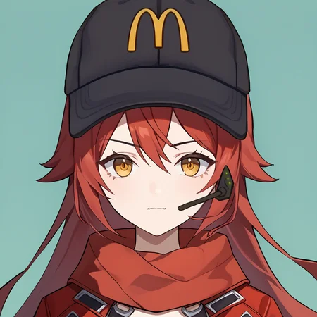 score_9, score_8_up, score_7_up, source_anime,
BREAK
1girl, solo,
<lora:redhood-nikke-richy-v1_pdxl:0.8> nikkeredhood, red hair, long hair, yellow eyes, red scarf, crop jacket, red jacket, black shrug \(clothing\),
<lora:shimcdonaldV1:1>, meme, mchat, portrait, headset, upper body, simple background,