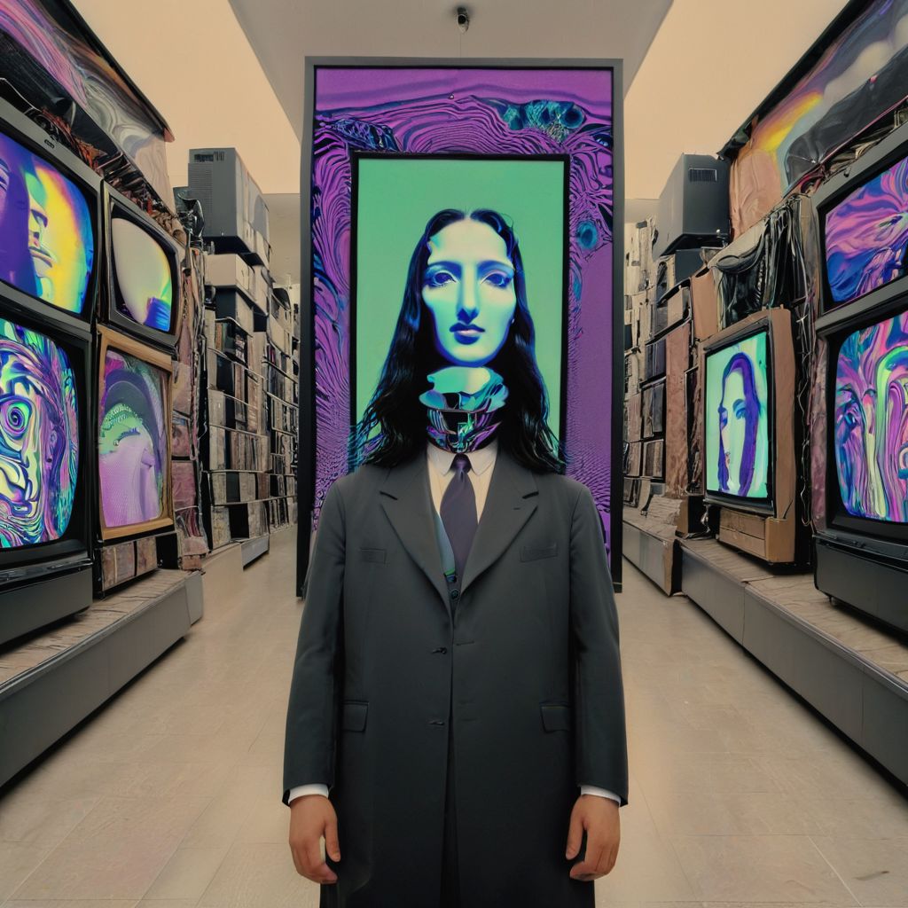 The Mona Lisa, displayed in the warped timelines of an enigmatic glitch spectre as he walks in paranoia through the busy streets of Tel Aviv