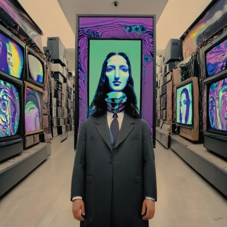 The Mona Lisa, displayed in the warped timelines of an enigmatic glitch spectre as he walks in paranoia through the busy streets of Tel Aviv