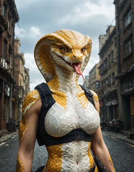 score_9, score_8_up, score_7_up, highly detailed, realistic, fine fabric detail, absurdres, highly-detailed, best quality, masterpiece, very aesthetic, 1girl, solo, v1p3r, monster girl, lamia, snake, scales, white scales, yellow sclera, slit pupils, cowboy shot, looking at viewer, city, vest, large breasts, military, science fiction, weapon, rifle, holding, grey sky, futuristic, scaly hands, claws, upper body, snake tongue, Ornate and Intricate, highly detailed, realistic, fine fabric detail, absurdres, highly-detailed, best quality, masterpiece, very aesthetic, 1girl, solo, v1p3r, monster girl, lamia, snake, scales, white scales, yellow sclera, slit pupils, cowboy shot, looking at viewer, city, vest, large breasts, military, science fiction, weapon, rifle, holding, grey sky, futuristic, scaly hands, claws, upper body, snake tongue, decorative, highly detailed, elaborate, ornate, intricate