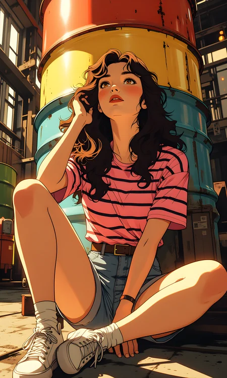 A woman with long, wavy brown hair. She has a relaxed and confident demeanor, sitting on the ground in a casual pose.
Her facial expression is serene and slightly contemplative. Her gaze is directed upwards, giving an air of thoughtfulness or daydreaming. The soft lighting enhances her features, adding to the overall calmness of the image.
She is seated cross-legged on the ground, leaning back against a large, colorful barrel. Her posture is relaxed, with one hand resting on the ground for support and the other arm bent at the elbow. Her legs are crossed, and her feet are adorned with white sneakers, which add a casual touch to her look.
She is wearing a pink and black striped t-shirt that fits loosely, paired with high-waisted denim shorts. The combination of the vibrant shirt and the classic denim shorts creates a stylish yet comfortable outfit. Her white sneakers complete the casual and youthful aesthetic.
The camera is positioned at a low angle, capturing the woman from a slightly upward perspective. This angle emphasizes her pose and the colorful barrel behind her, creating a dynamic composition. The framing focuses on her upper body and face, drawing attention to her expression and attire.
The lighting in the image is warm and directional, likely from a natural source such as sunlight filtering through windows or openings. The light casts soft shadows, highlighting the texture of her hair and clothing. The interplay of light and shadow adds depth and dimension to the scene, enhancing the overall mood.
The background features an industrial setting with various elements such as barrels, metal structures, and possibly machinery. The large, colorful barrel behind the woman stands out, with its bright yellow, blue, and red sections adding a pop of color to the otherwise muted tones of the environment. The background is slightly blurred, keeping the focus on the subject while still providing context.
The composition is well-balanced, with the woman centered in the frame. The colorful barrel serves as a strong visual element, drawing the viewer's eye towards the subject. The industrial background adds an interesting contrast to her casual and relaxed pose, creating a unique and engaging image. The overall composition captures a moment of quiet confidence in an unconventional setting.
BREAK anime, d13s3lp2nk, bboil artist style, OBdonman, Anime art, <lora:FLUX\Anime Art V3:0.2>, <lora:FLUX\Synesthesia:0.2>, <lora:FLUX\RetroAnimeS1.1:0.5>, <lora:FLUX\Flux-jijia:0.1>, <lora:FLUX\It's a LoRA for portraits, BUT! actually specialized in backgrounds. v1.0:0.1>, <lora:FLUX\GLSHS:0.2>, <lora:FLUX\Dieselpunk Delight - s0_9 g4:0.4>, <lora:FLUX\OBdonman, anime0style portrait:0.1>