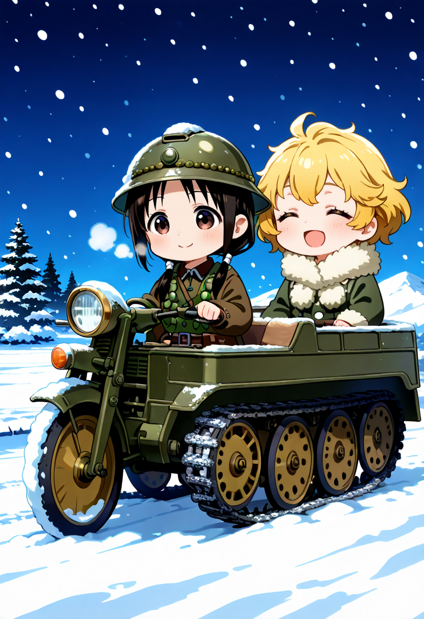score_9,score_8_up,score_7_up,source_cartoon,masterpiece,best quality,detailed digital illustratio,zPDXL3,<lora:kettenkrad-000023:1>,kettenkrad,snow,snowing,night,last tour,
2girls,driving Viehcle,Chito \(girl's last tour\),black short hair,olive drab colored helmet,smile,olive drab cold weather military uniform with fur around the neck,chibi,
2girls,sitting on rear sheat,Yuuri \(girl's last tour\),blonde,short hair,fluffy hair,olive drab colored helmet,ð,smile,open mouth,olive drab cold weather military uniform with fur around the neck,closed eyes,chibi,