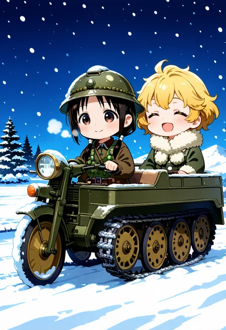 score_9,score_8_up,score_7_up,source_cartoon,masterpiece,best quality,detailed digital illustratio,zPDXL3,<lora:kettenkrad-000023:1>,kettenkrad,snow,snowing,night,last tour,
2girls,driving Viehcle,Chito \(girl's last tour\),black short hair,olive drab colored helmet,smile,olive drab cold weather military uniform with fur around the neck,chibi,
2girls,sitting on rear sheat,Yuuri \(girl's last tour\),blonde,short hair,fluffy hair,olive drab colored helmet,ð,smile,open mouth,olive drab cold weather military uniform with fur around the neck,closed eyes,chibi,