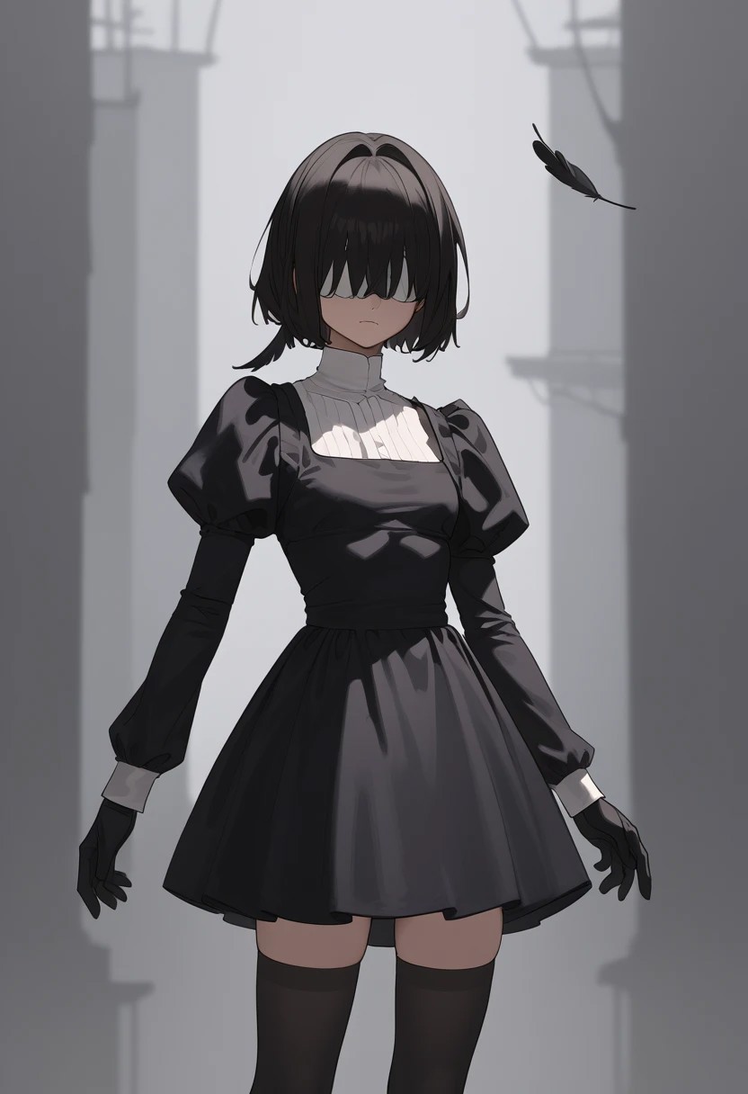masterpiece, best quality, white blindfold, covered eyes, mole under mouth, clothing cutout, long sleeves, puffy sleeves, juliet sleeves, feather trim, black thighhighs, black gloves, black dress, black skirt,  <lora:Abbystea_Style_LoRA_XL:1>, abbystea style
