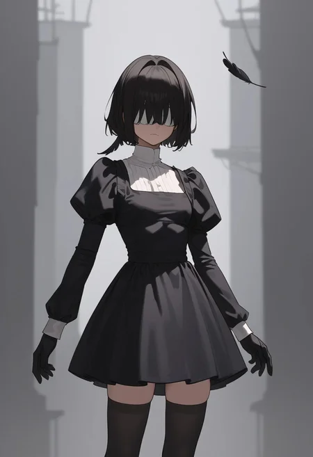 masterpiece, best quality, white blindfold, covered eyes, mole under mouth, clothing cutout, long sleeves, puffy sleeves, juliet sleeves, feather trim, black thighhighs, black gloves, black dress, black skirt,  <lora:Abbystea_Style_LoRA_XL:1>, abbystea style