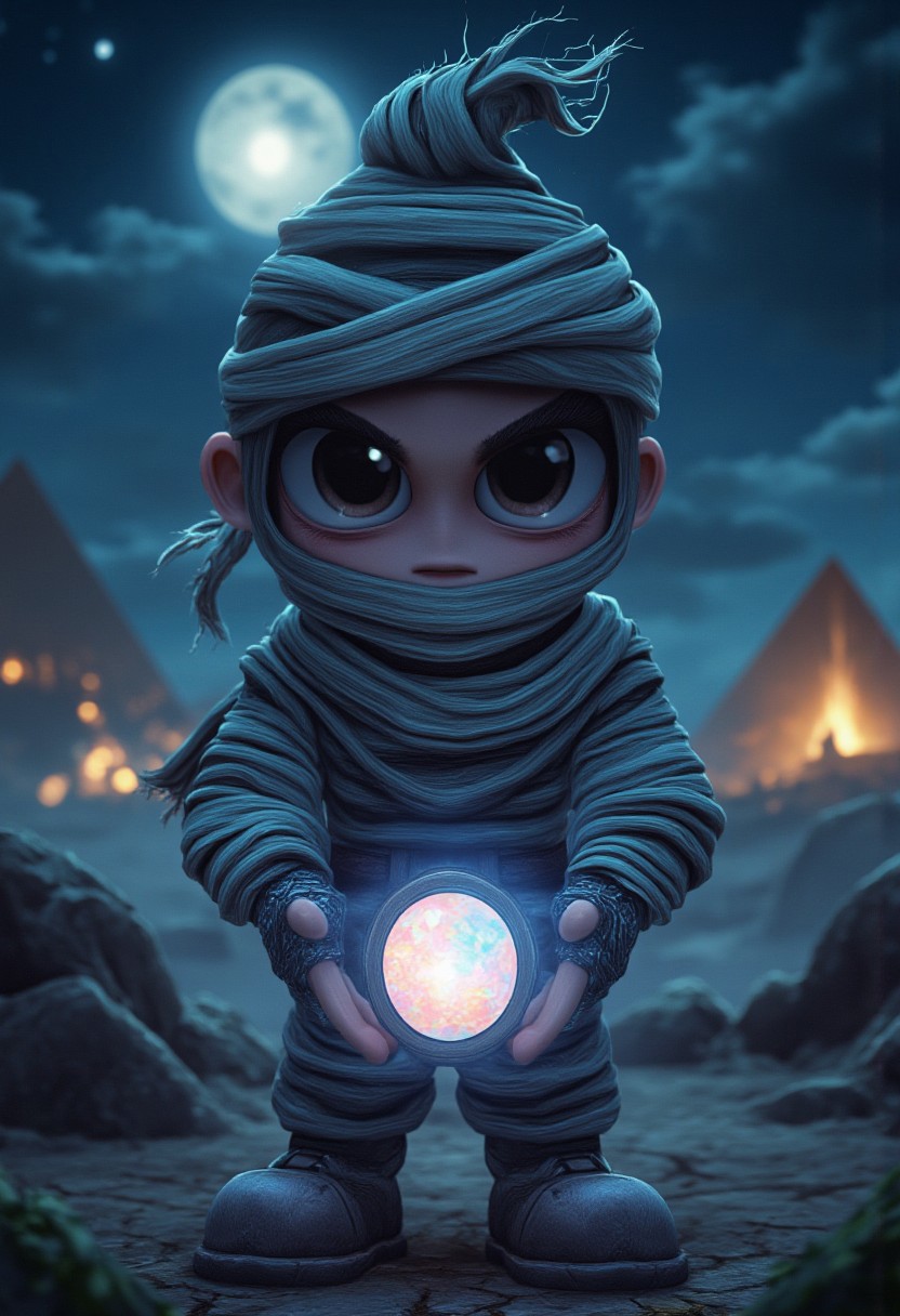 Cartoon Kid's art style, Mascot Caricature, Masterpiece, best quality, fantastic quality, Full-body shot of randomly picked cartoon illustration of the mummy wielding opal massive gem in hands, 1girl, semi-flashed-skeletonized, bandaged head, bandaged arm, bandaged head, bandaged legs, blured showcase of distanced pyramids in the night,, facing viewer, scarf, robe, skeleton, deep black evil eyes, black sclera, detailed face, detailed symmetrical black iris, black pupil, horror atmosphere, spooky, terrific, by Anno1313, dark cinematic night lighting, HD, HQ, AAA, Art Station Trending, deep dark cracked background, (((complete parts of eye are black:2)))
