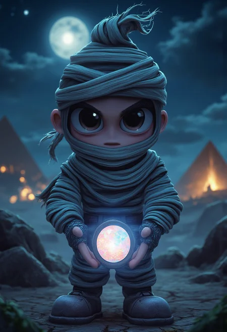 Cartoon Kid's art style, Mascot Caricature, Masterpiece, best quality, fantastic quality, Full-body shot of randomly picked cartoon illustration of the mummy wielding opal massive gem in hands, 1girl, semi-flashed-skeletonized, bandaged head, bandaged arm, bandaged head, bandaged legs, blured showcase of distanced pyramids in the night,, facing viewer, scarf, robe, skeleton, deep black evil eyes, black sclera, detailed face, detailed symmetrical black iris, black pupil, horror atmosphere, spooky, terrific, by Anno1313, dark cinematic night lighting, HD, HQ, AAA, Art Station Trending, deep dark cracked background, (((complete parts of eye are black:2)))
