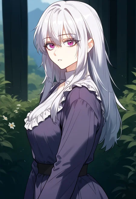zPDXL3, score_9_up, score_8_up, score_7_up, (Anime_source), 1girl, RunnaanSullion, lavender eyes, white hair, long hair, old dress, cowboy shot looking at viewer, parted lips, from side