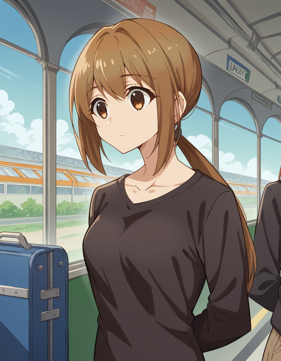 score_9, score_8_up, score_7_up, source_anime, <lora:shikanoko-ukai-s1-ponyxl-lora-nochekaiser:1>, ukai, bangs, brown hair, brown eyes, ponytail, medium breasts,, shirt, black shirt, long sleeves, collarbone, pants,, train station, waiting for train, suitcase, traveling, commute, city skyline, hands behind back,, , , undefined, solo,, cowboy shot, dutch angle