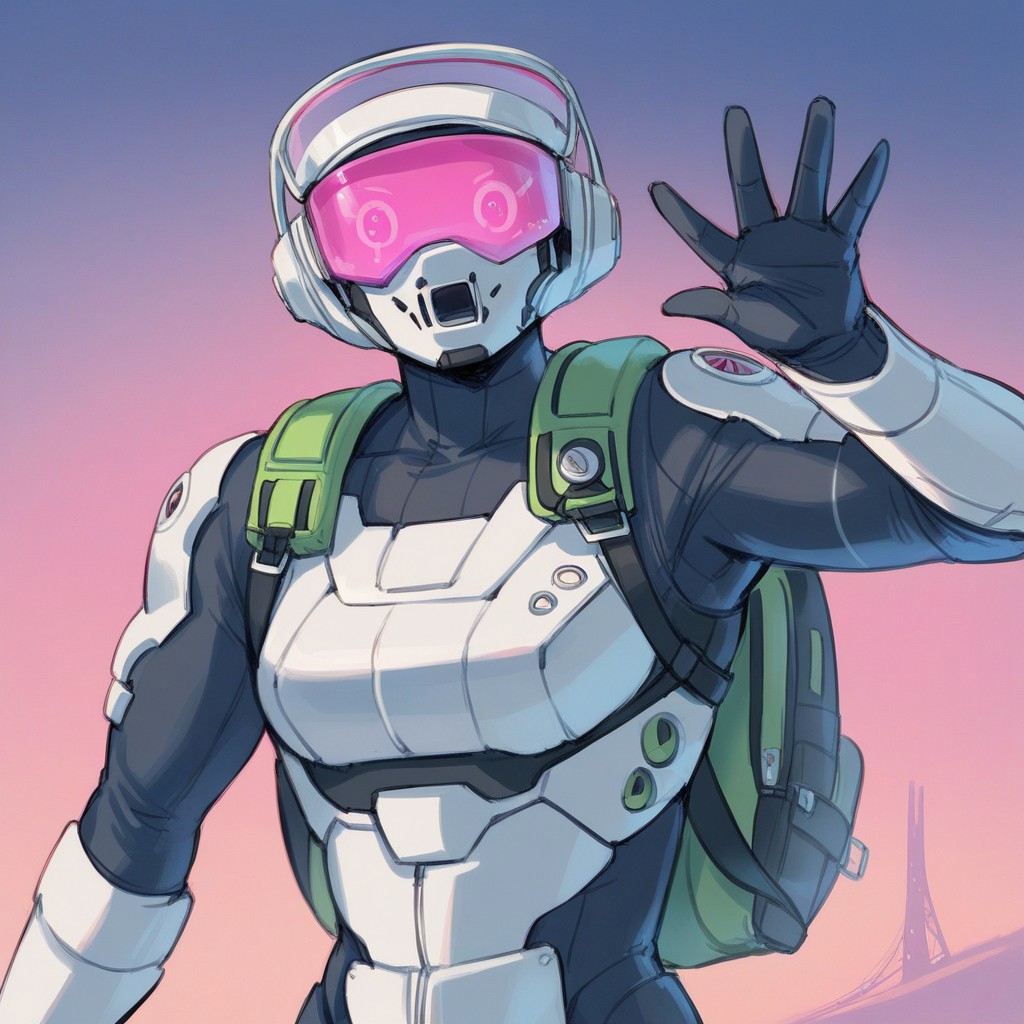 score_9, score_8_up, score_7_up, score_6_up, 1girl, on an airfield, futuristic astronaut, bulky body armor, hkstyle, full power armor, CHONK, large backpack, (open visor:1.4), (visible face:1.4), waving, neon green accessories, professional illustration, extreme detail, angular brush, iridescent, HRMN