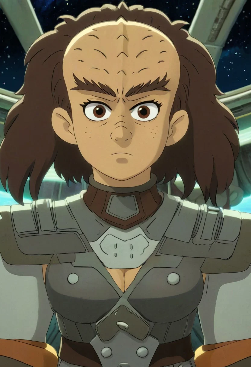 Studio Ghibli Style anime scene of an 18 year old female kling0n alien warrior, forehead ridges, light brown skin, nose ridges, large eyebrows, space station background, cleavage, leather armor